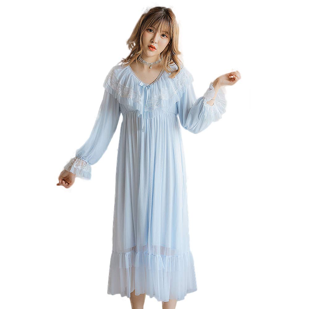 

Deep Eyes Long Nightgown Princess Puff and Women s Dress, Style, V-Neck, Sleeves, Ruffles, Embroidery, Lace, #06 (Blue) синий