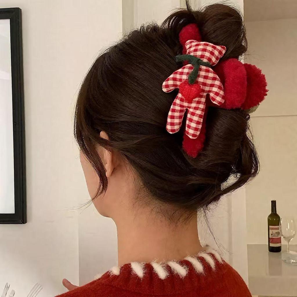 Fuzzy Red Plaid Teddy Bear Claw Clip - Christmas & New Year Hair Accessory