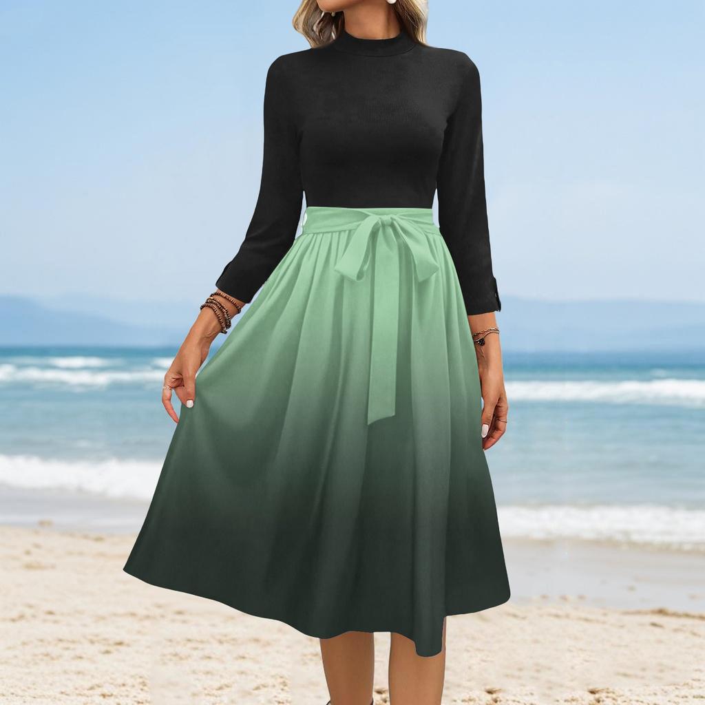 Women's Fashion Casual Belt Seven Sleeve Round Neck Gradient Temperament Dresses