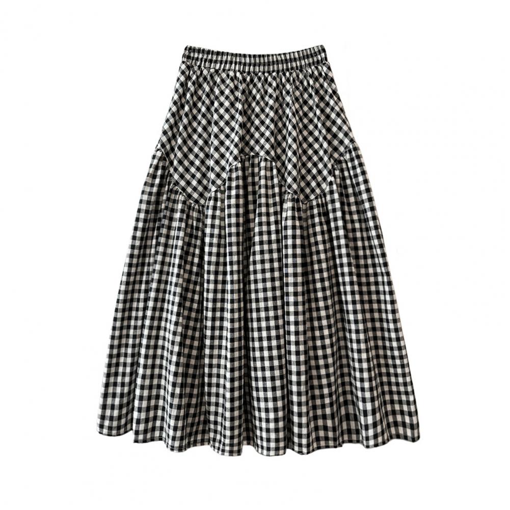 Women Midi Skirt Plaid Print Stitching Design A-Line Skirt Elastic High Waist Retro Style Swing Skirt Daily Wear