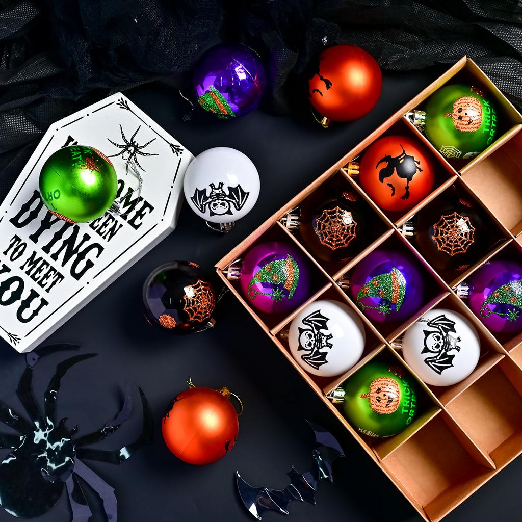 Halloween 6Cm 16Pcs Glow-In-The-Dark Painted Electroplated Spooky Balls Dark Skeleton Pumpkin Decoration Set Tree Hanging Party