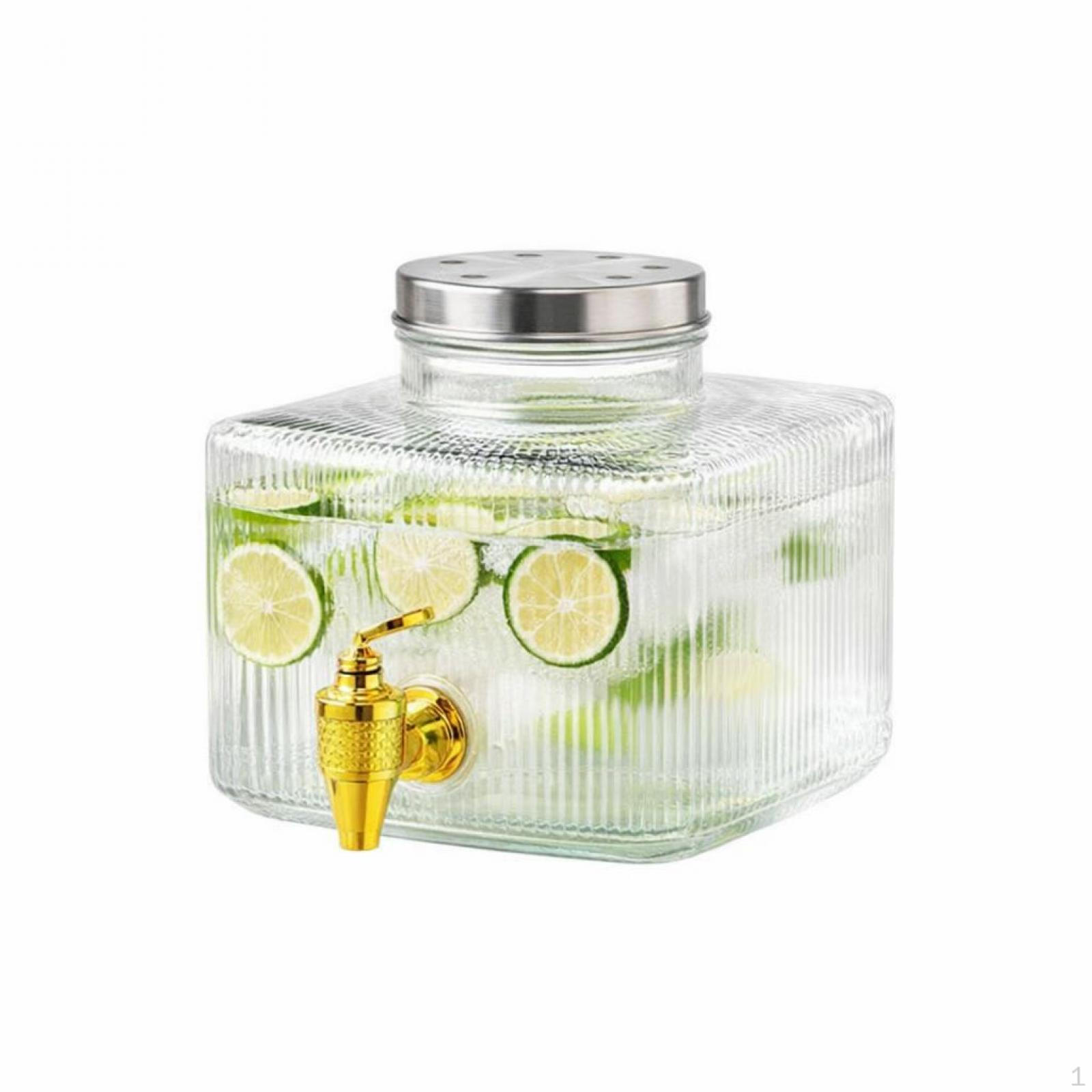 Glass Drink Dispenser with Spigot, 8L Beverage Bamboo Wood Base, Cold
