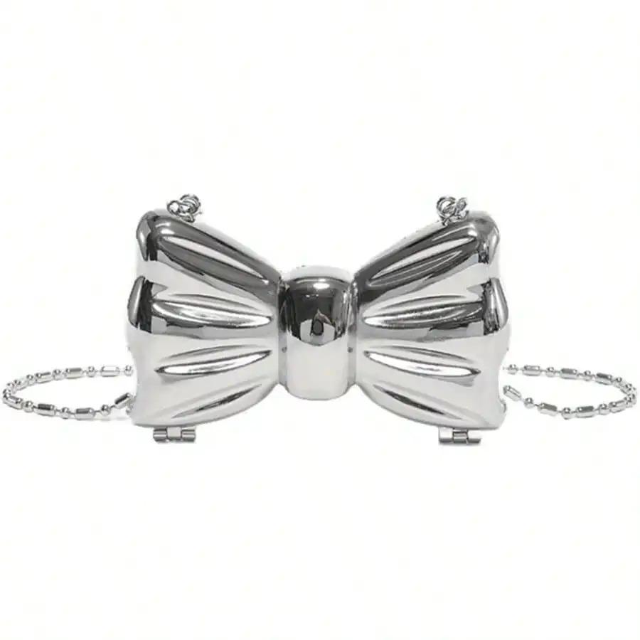 Small Acrylic Electroplated Silver Shiny Bow Clutch Bag, Versatile Chain Cosmetic  & Jewelry Earphone Storage Bag Crossbody Bag