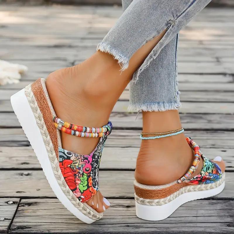 Women's Skull Printed Sandals, Colorful Woven Seaside Slide Platform Shoes, Halloween Comfort Wedge Beach Slide