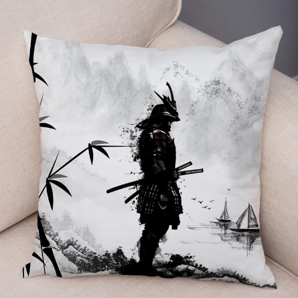 Japan Style Ink Warrior Cushion Cover for Sofa Home Double Print Decor Beautiful Scenery Girl Pillowcase Soft Plush Pillow Case