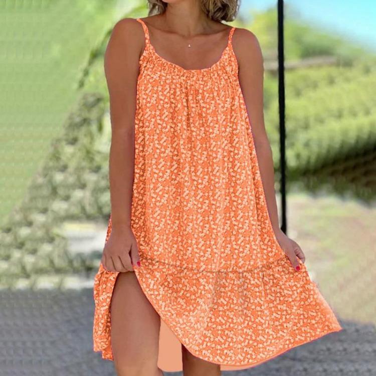 Floral Printed Women's Sleeveless A-line Polyester Beach Dress Loose