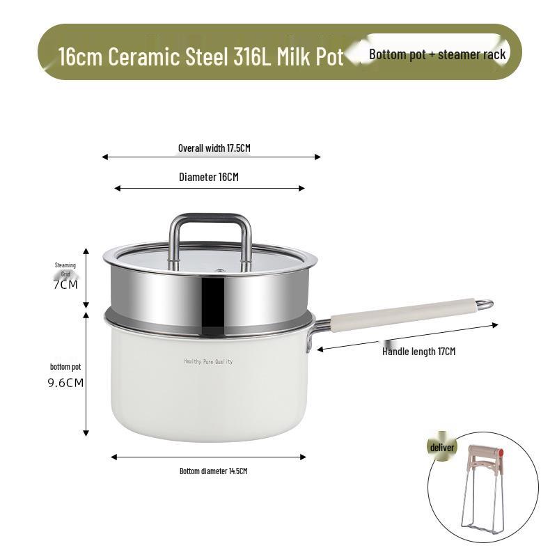 Xunshun 316L Stainless Steel Non-Stick Baby Food Pot, Ceramic Milk & Noodle Soup Pot, Extra Thick for One-Person Cooking.