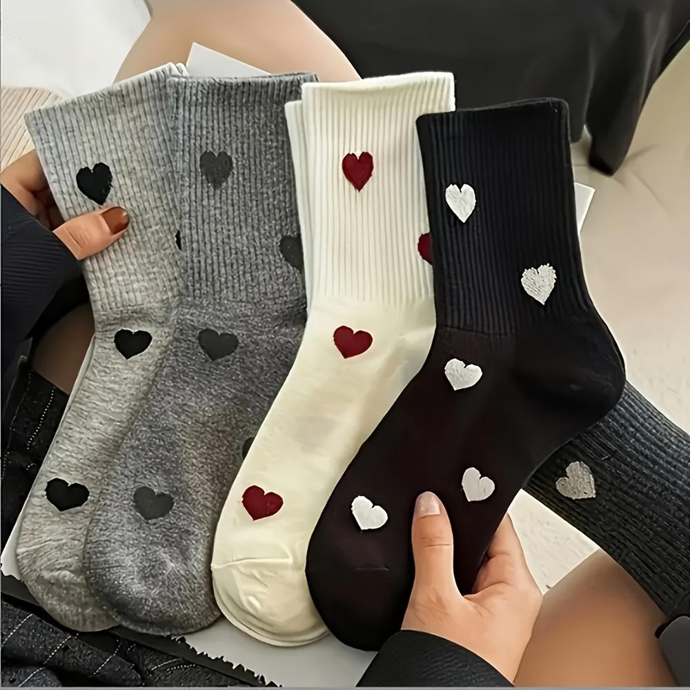5pairs Women'S Thickened Warm Mid-Calf Socks with Heart Pattern – Black, Red, Gray – Machine Washable, Ideal for Everyday Wear, Formal Shoes