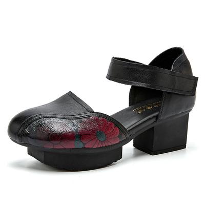 GKTINOO 2025 Neue Damen Sandalen Sommer Echtes Leder Dicke Absätze Sandalen Ethnischer Stil Runde Zehenpartie Lässige Hohe Absätze Mama Schuhe
