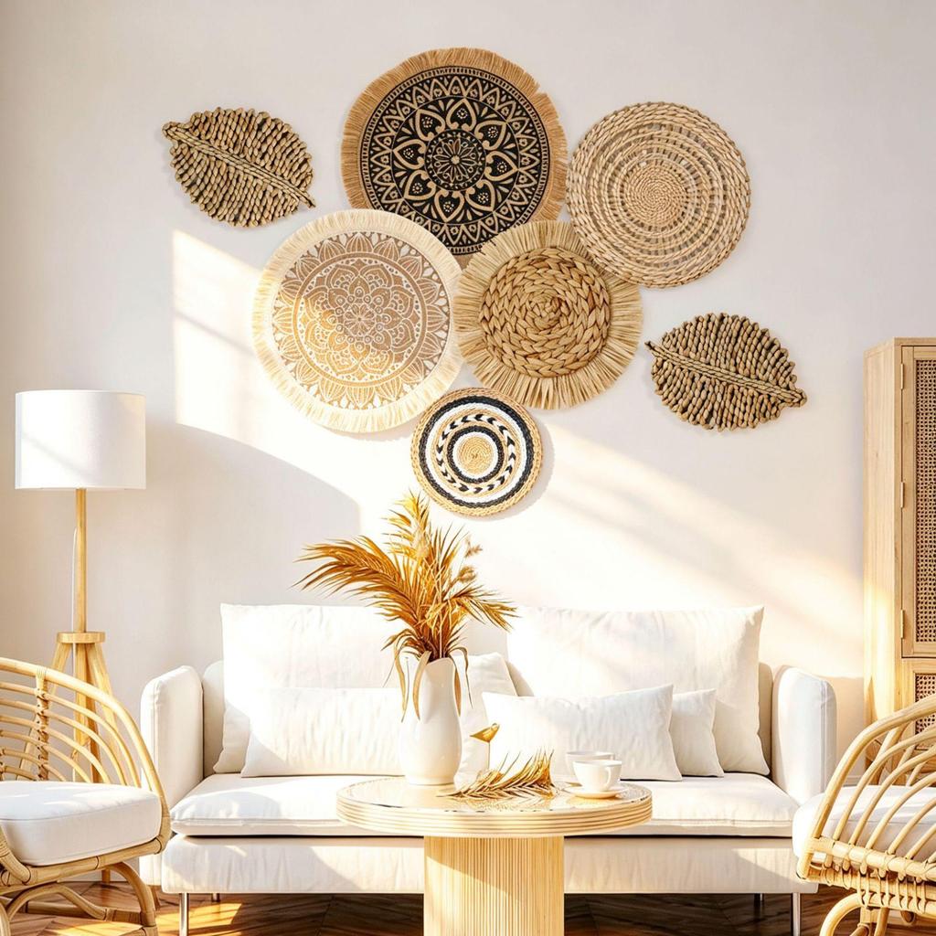 Bohemian Woven Wall Basket Set - Decorative Grass Hangings for Living Room or Entryway