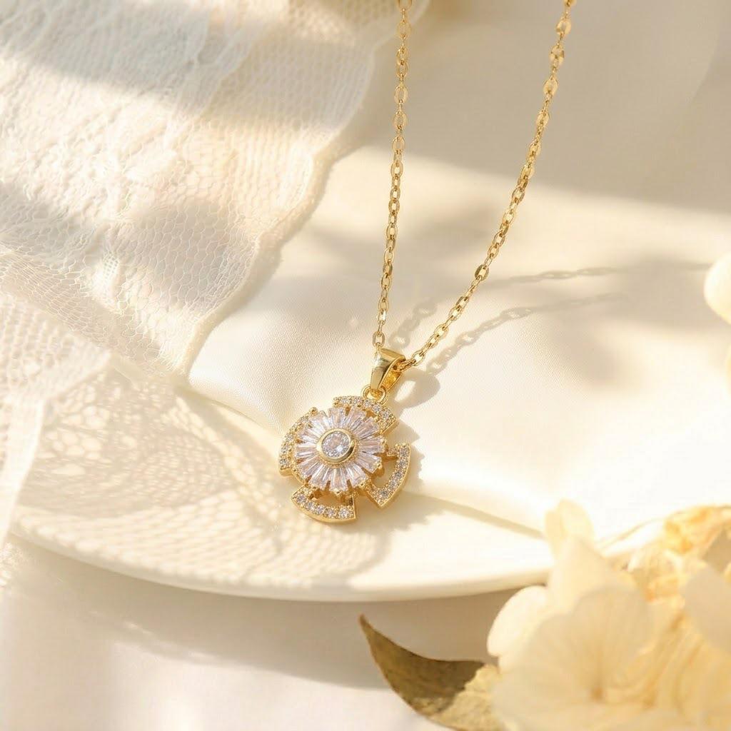 European & American Titanium Steel Cat's Eye Zircon Flower Necklace for Women - Rotating Pendant, Elegant Collarbone Chain