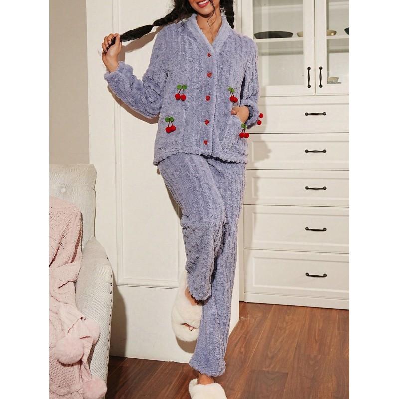 Set Pijama Călduros Căptușit cu Fleece pentru Femei Mânecă Lungă Decolteu în V Îmbrăcăminte de Noapte cu Imprimeu Cireșe Confortabil pentru Casă