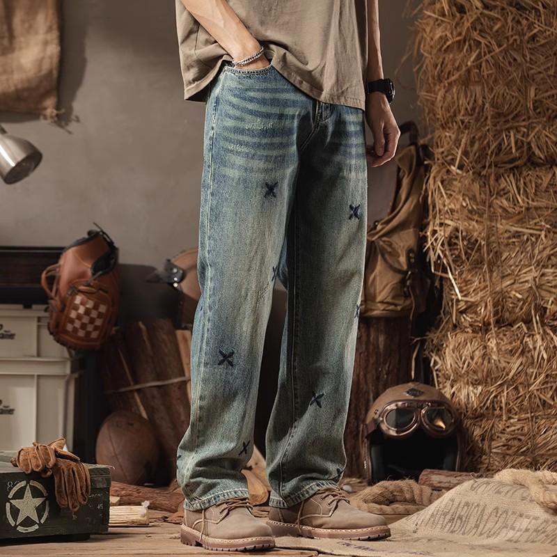Amerikanische gewaschene Retro-blaue bestickte Jeans Herren gerade locker weit geschnittene trendige lässige Hose verlängert Frühling und Sommer