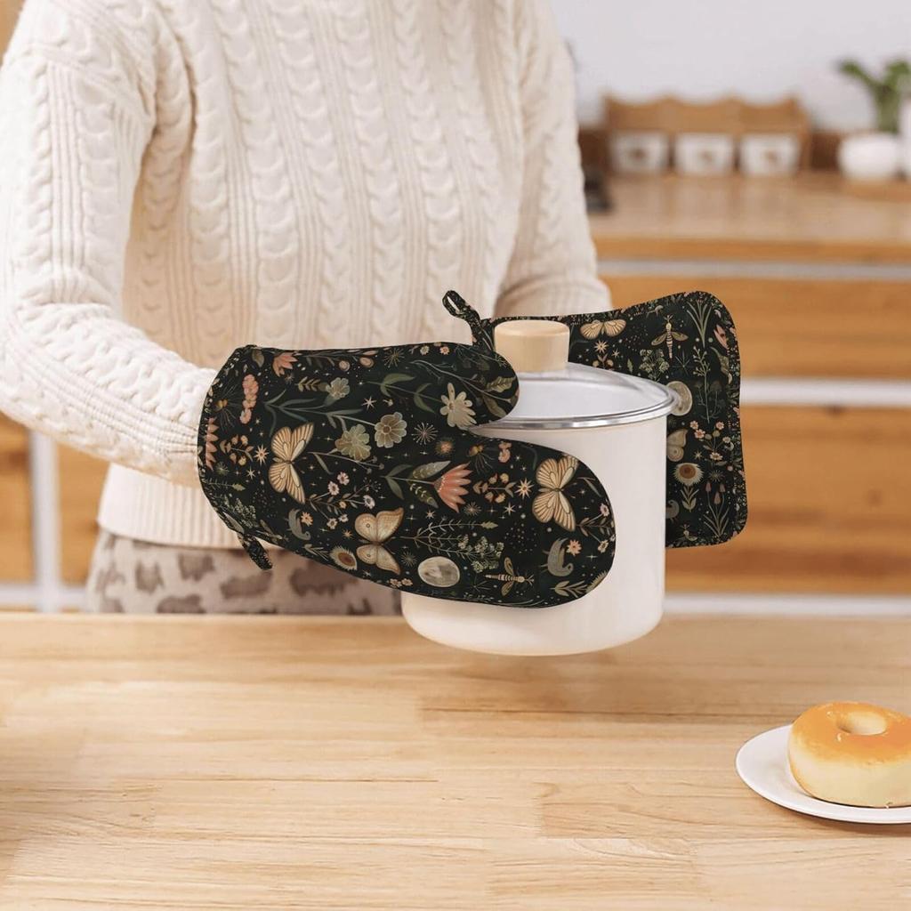 Oven Mitts Pot Holders Set Vintage Butterfly Moon Flower Silicone Kitchen Gloves Potholders Heat Resistant for Chef Baking Cooking Grilling BBQ 4