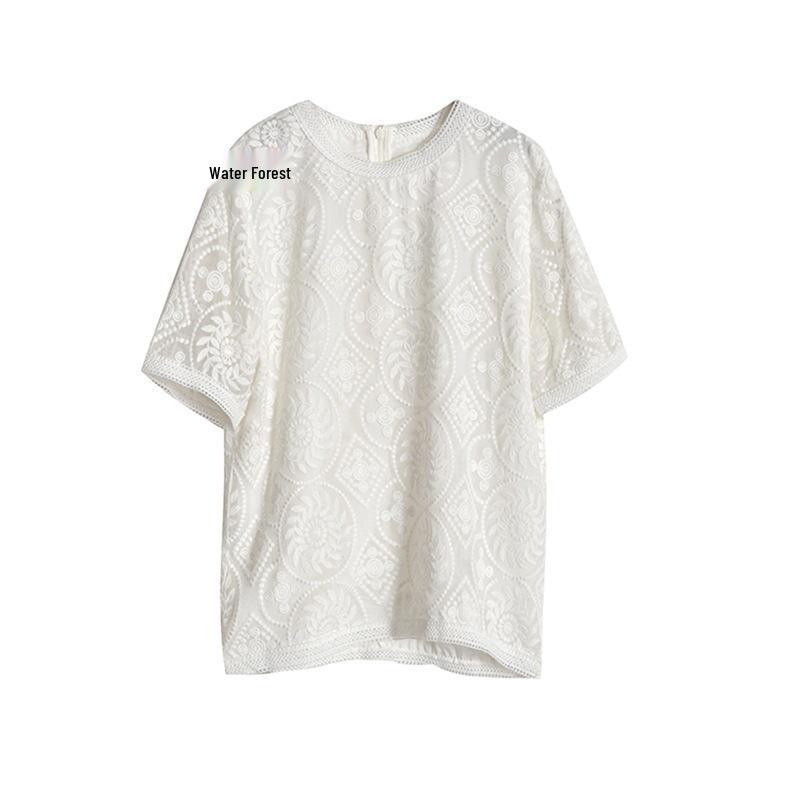 10mm Imitation Silk Floral Embroidered Lace Short-Sleeve Top for Women