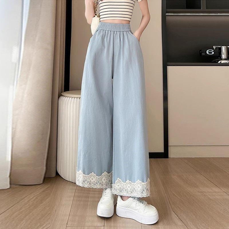 

Plus Size High Waist Lace Trim Color Block Wide Leg Pants for Women - Spring/Summer Slimming Straight Nine-Point Length M светло-синий