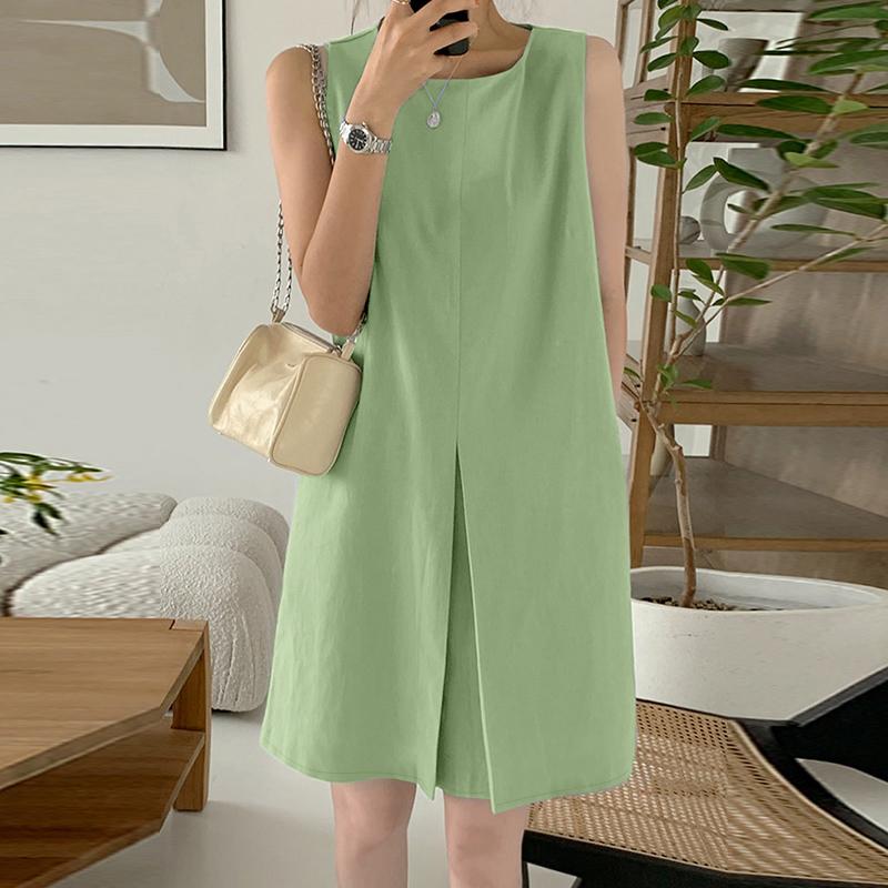

ZANZEA Women Casual Round Neck Solid Color Sleeveless Short Dress S зелений
