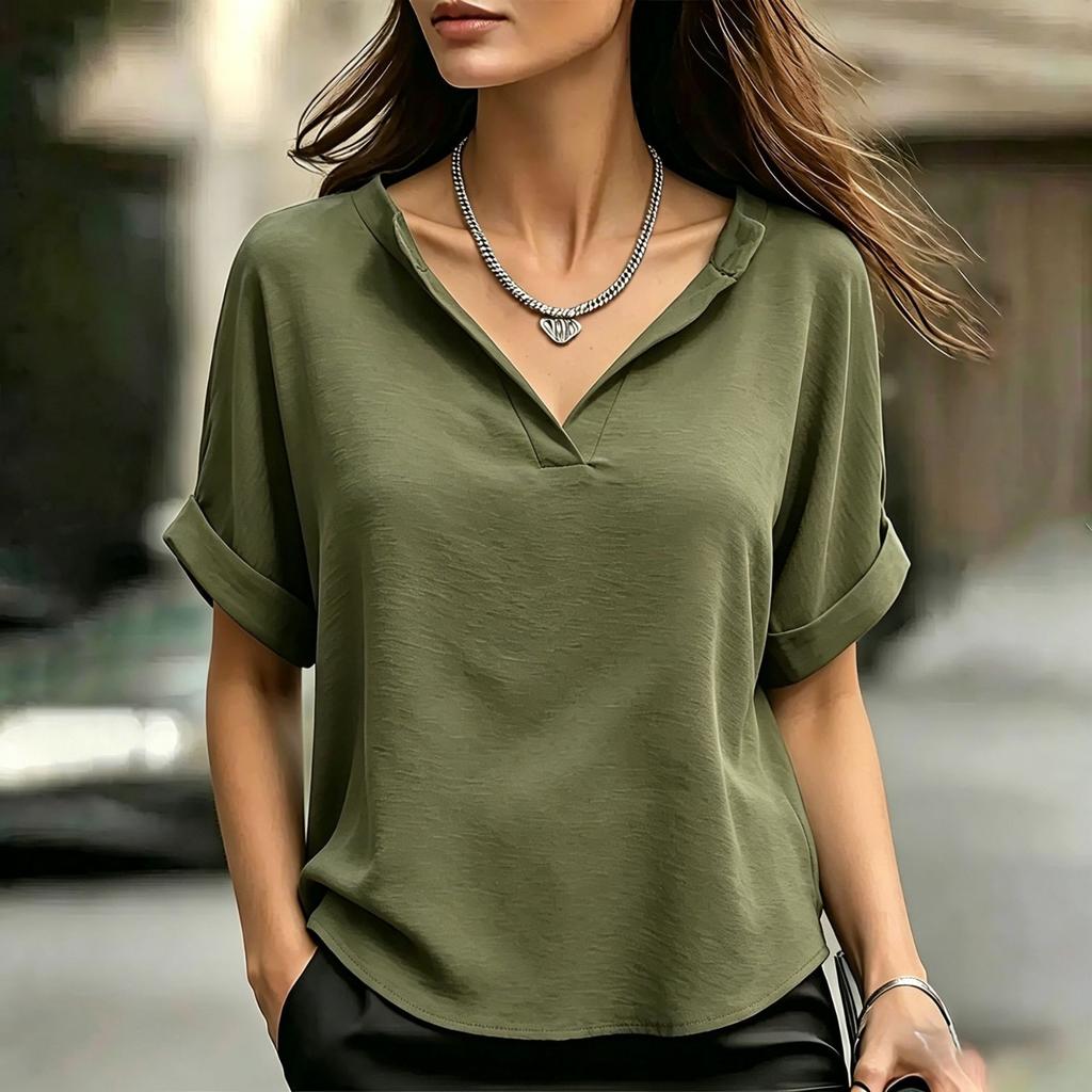 Women V Neck Short Sleeve Loose Fit T Shirt Casual Basic Lightweight Blouse with Rolled Cuffs for Daily Wear Work Travel