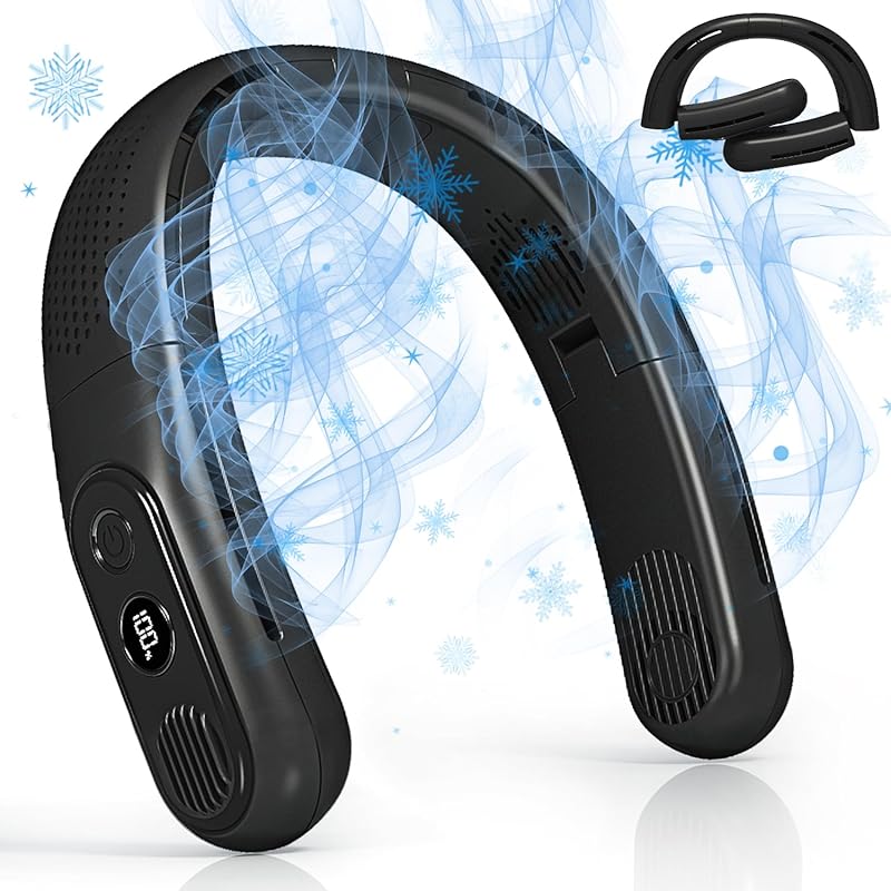 OLV Rechargeable 4 Turbo 6000mAh Portable Neck Fan - 360 Cooling Airflow, 3 Speeds, LED Battery Display, Foldable, Bladeless - Personal Fan for Work,