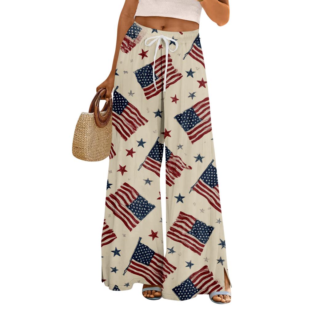 Women Summer Boho Palazzo Pants High Waist Wide Leg Floral Printing Casual Trousers With Pockets