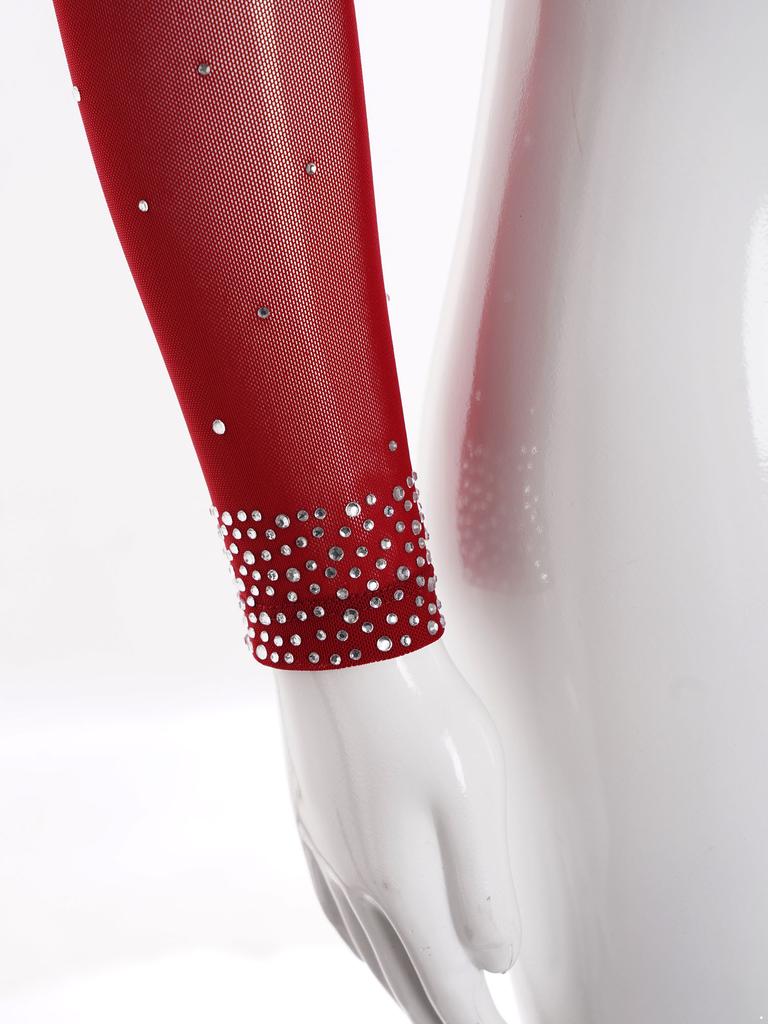 Girls Dance Set Sparkly Rhinestones Crop Top Irregular Shoulder High Low Elastic Waistband Chiffon Skirt