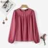 ZANZEA Women Round Neck Solid Color Long Sleeve Casual Blouse