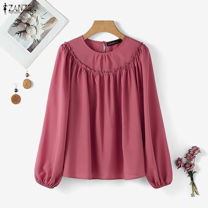 ZANZEA Women Round Neck Solid Color Long Sleeve Casual Blouse