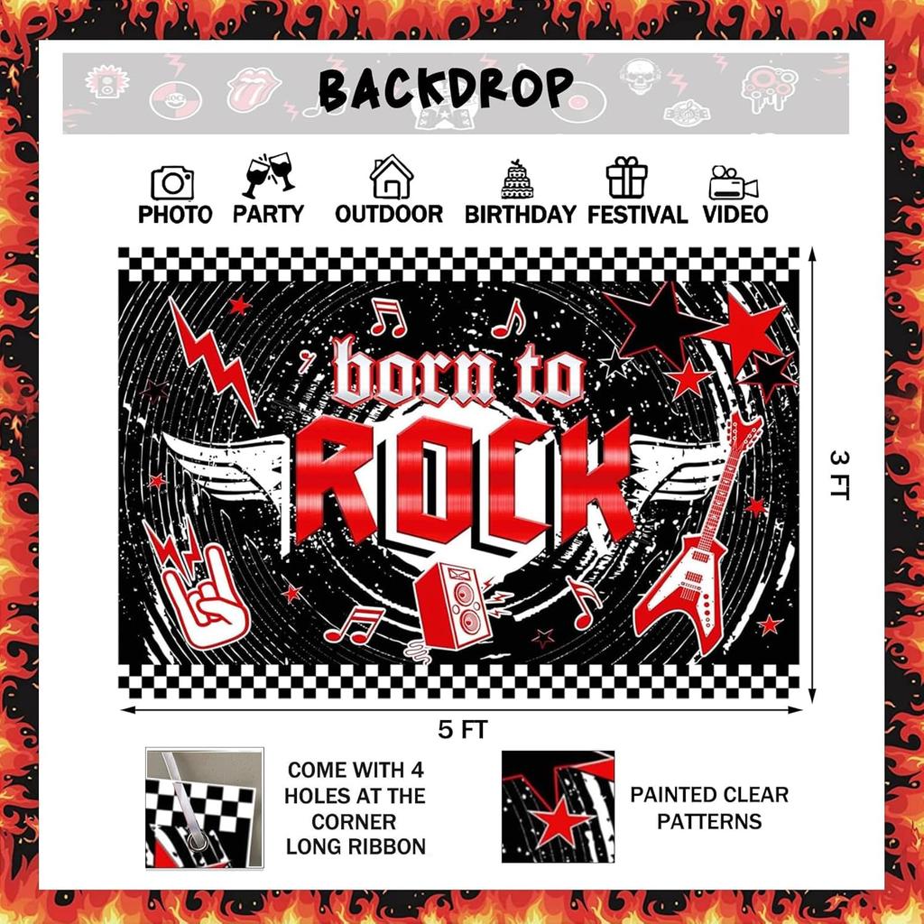95 PCs Rock and Roll Party Decorations, Hombae Rock Music Themed Birthday Party Supplies Born to Rock Backdrop Balloon Garland Glitter Banner Cake
