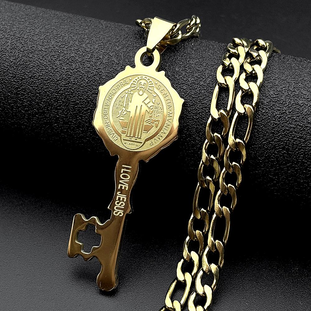Catholic Saint Benedict Medal Key Shaped Pendant Necklace Stainless Steel I LOVE JESUS San Benito Chain Amulet Jewelry Gift