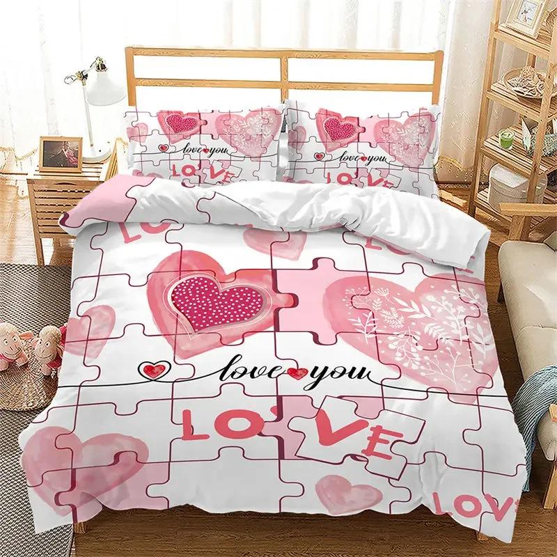 Love Heart Soft Duvet Cover Pink Romantic Beding Set Microfiber Warm Comforter Cover For Young Girls Ten Couple Valentine's Day Weding Decor
