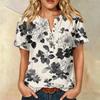 Camicia Casual da Donna con Stampa, Collo Henley, Manica Corta, Cotone e Lino, Tasca Frontale e Bottone, Vestibilità Rilassata