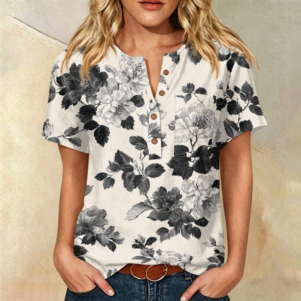 Camicia Casual da Donna con Stampa, Collo Henley, Manica Corta, Cotone e Lino, Tasca Frontale e Bottone, Vestibilità Rilassata