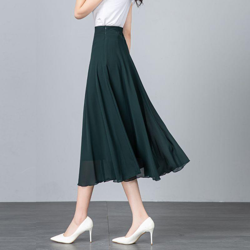 Sommer Neuer Einfarbiger Hellbrauner Chiffonrock Mittellang A-Linie Großer Schwung Damenrock Knielanger Rock