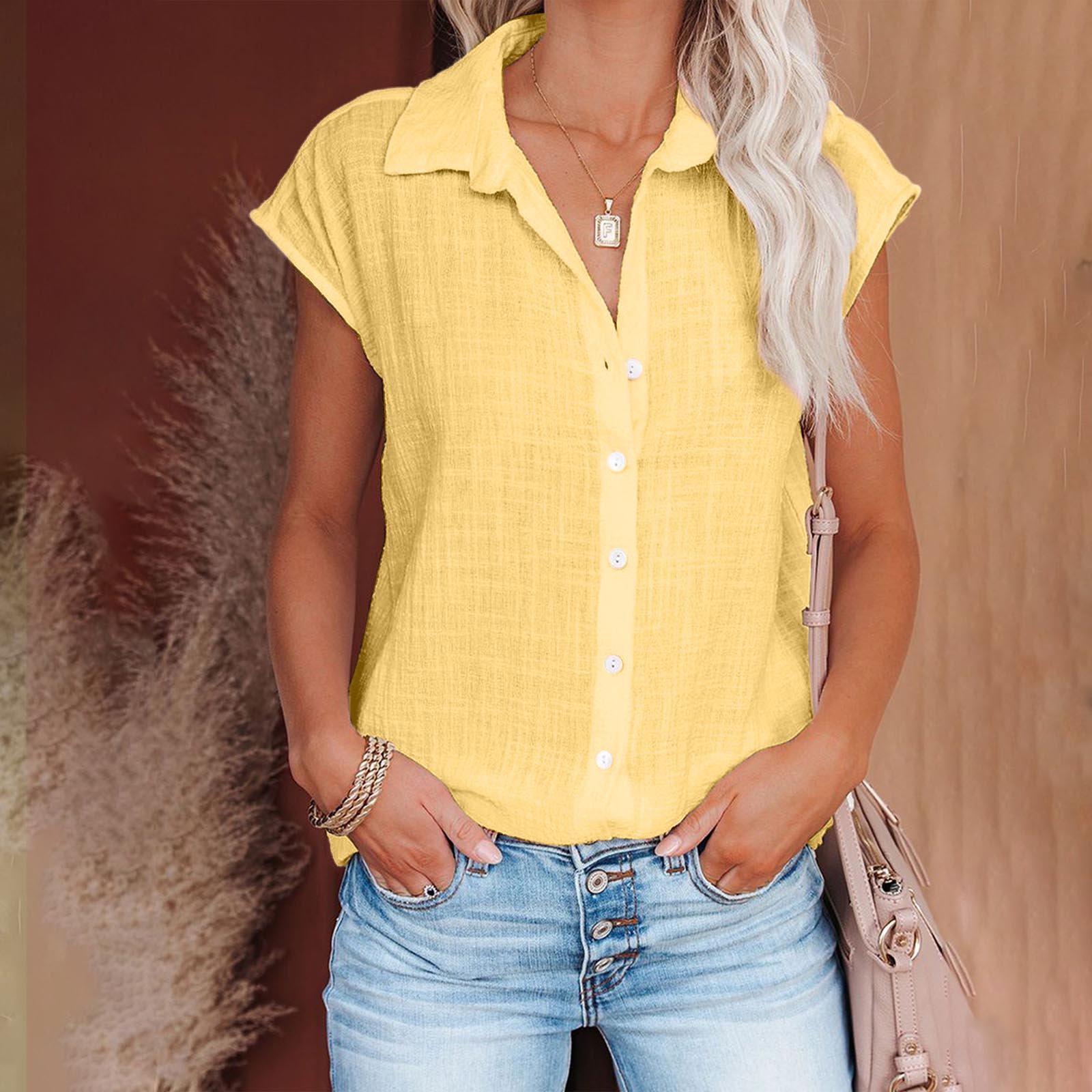 

Women s Casual Fashion Short Sleeve Color Single Breasted Shirt Top XL жовтий