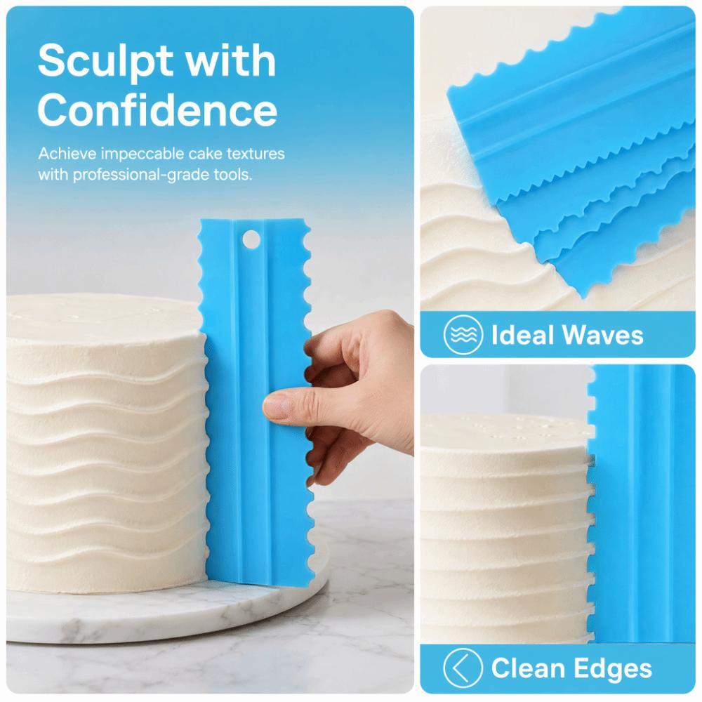 4Pcs PP Cake Scraper Set 8 Inch Sawtooth Edge Cake Decorating Comb Multi-Style Pattern Hanging Hook Design Mousse Cake Tool