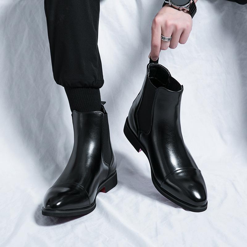 Buty Wysokie Skórzane Czerwona Podeszwa Wiosna Jesień Szpiczasty Nosek Zapięcie na Rzepy Duży Rozmiar Buty Męskie Buty Martin Codzienne Brytyjskie Buty Chelsea