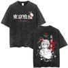 Anime Tokyo Ghoul Vintage Washed T-shirt Cartoon Kaneki Ken Graphic T Shirt Retro Manga Harajuku Oversized T-shirts Unisex