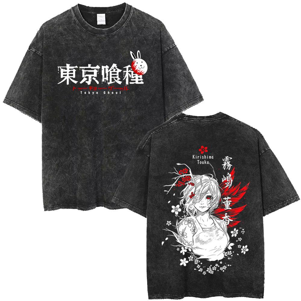 Anime Tokyo Ghoul Vintage Washed T-shirt Cartoon Kaneki Ken Graphic T Shirt Retro Manga Harajuku Oversized T-shirts Unisex