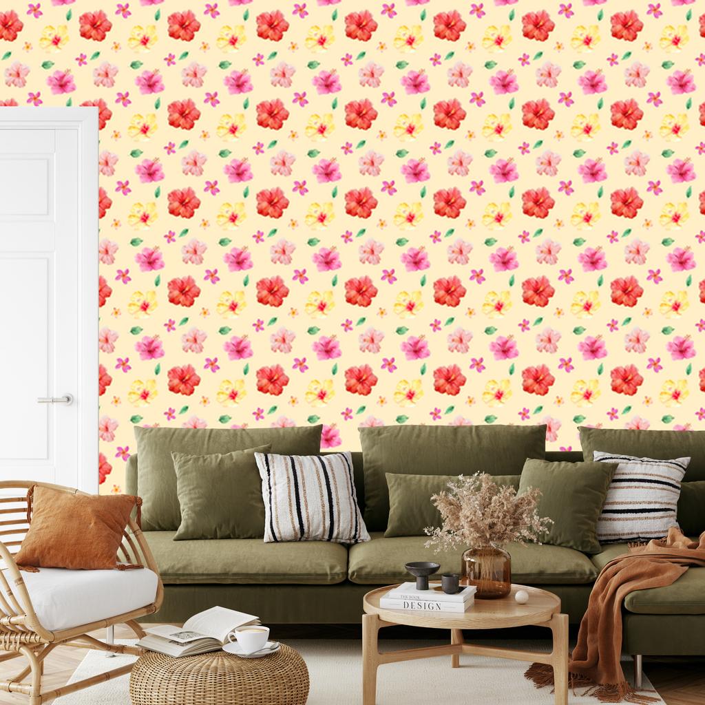 Wallpaper Flowers Cream and Coral for Living Room and Bedroom 50x1000