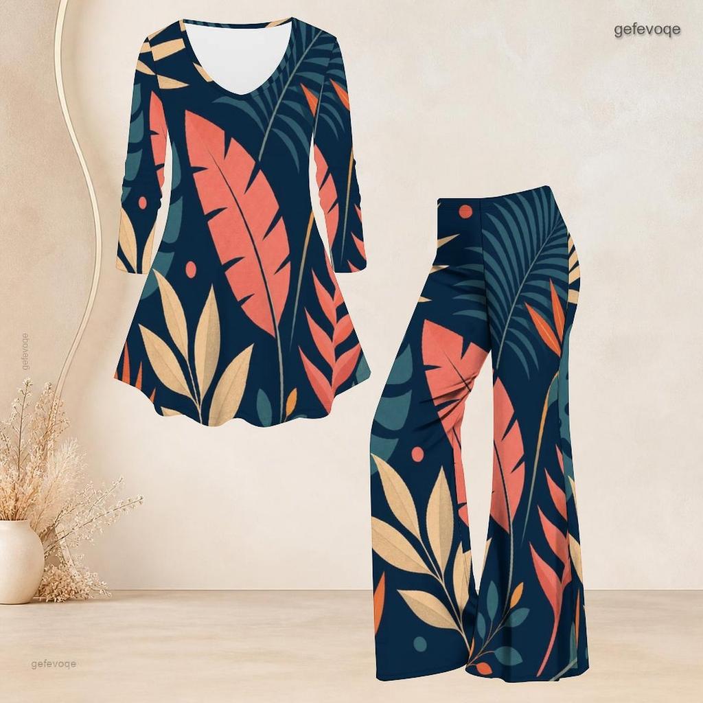 Women Plus Size Round Neck Three Quarter Sleeve Printed Flared Top Flared Pants Two Piece Set
