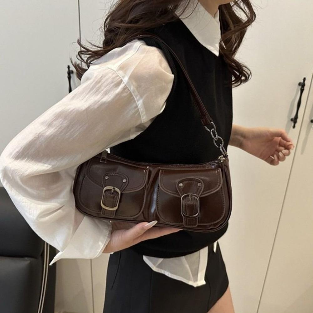 Double Pockets Pu Leather Shoulder Bag Y2k Zipper Handbag Casual Women's Armpit Bag  Commuting