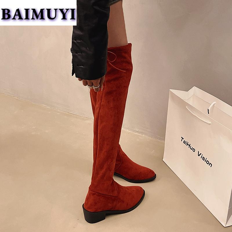 Women Pointed Toe Knee High Boots Winter Suede Chunky Chelsea Shoes Woman 2025 New Warm Snow Boots Short Plush Zapatillas Mujer