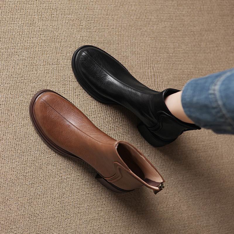 Krazing Pot Cow Skin Round Toe Thick Heels Chelsea Boots Size 42 Back Zip Women Keep Warm Ankle Boots