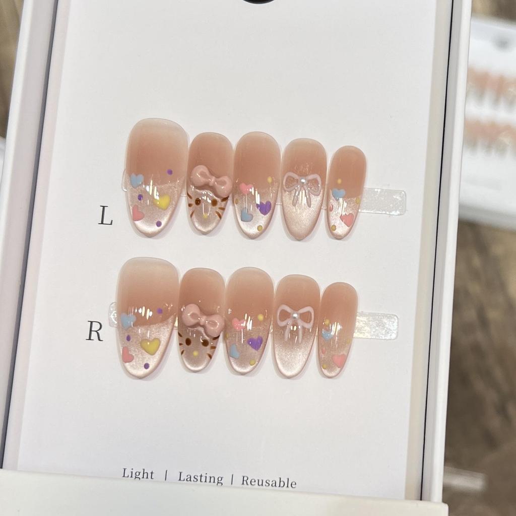 Dairuisen French Heart Bowknot Icy Translucent Blush Press-on Nail Art