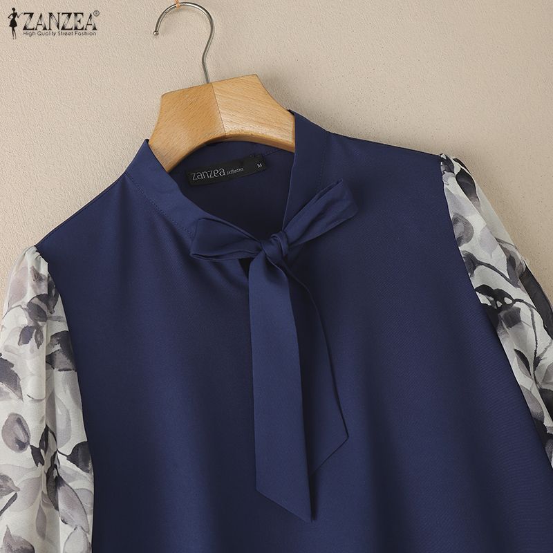 ZANZEA Women Bows Collar Casual Splice 3/4 Sleeve Loose Blouse