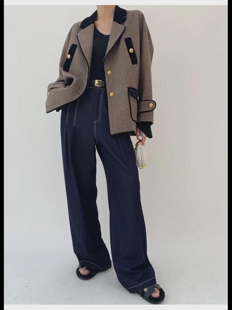 Autumn Winter Fashion Womens Woolen Twill Velvet Jacket Coat with Contrast Stitching