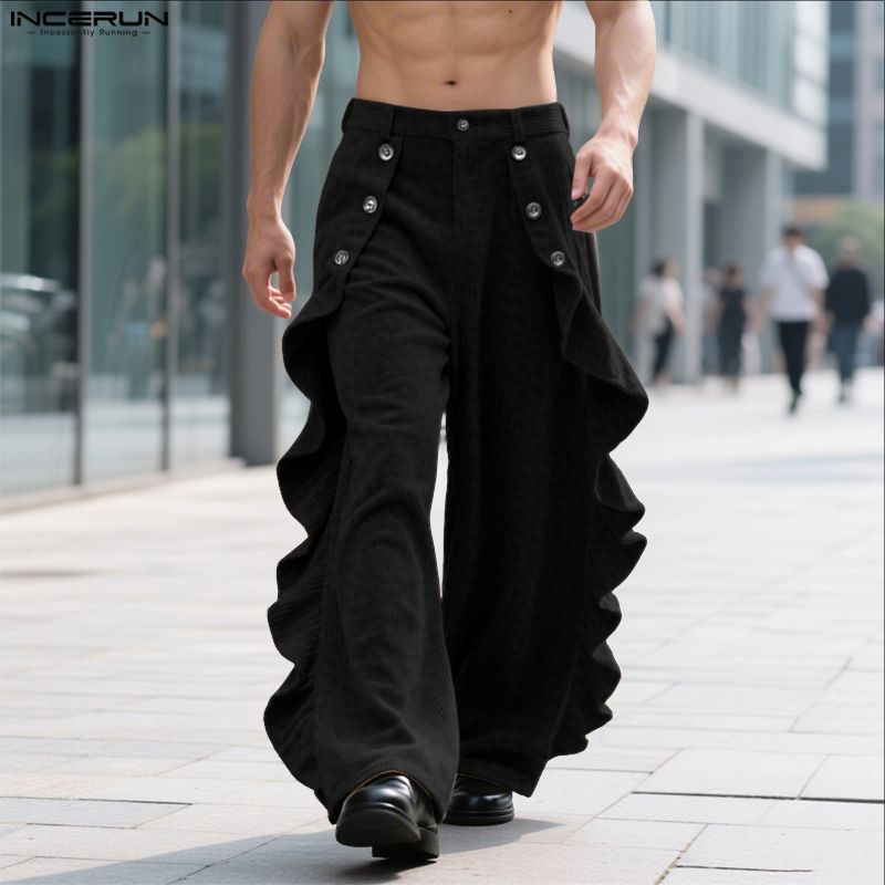 INCERUN Autumn Winter Men High Waist Solid Color Ruffled Casual Corduroy Long Pants