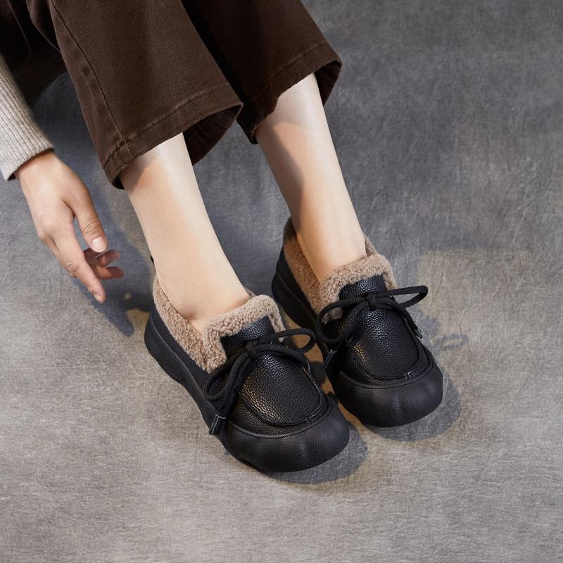 New Thick-soled Casual Leather Retro Flat Cotton Shoes with Added Insulation