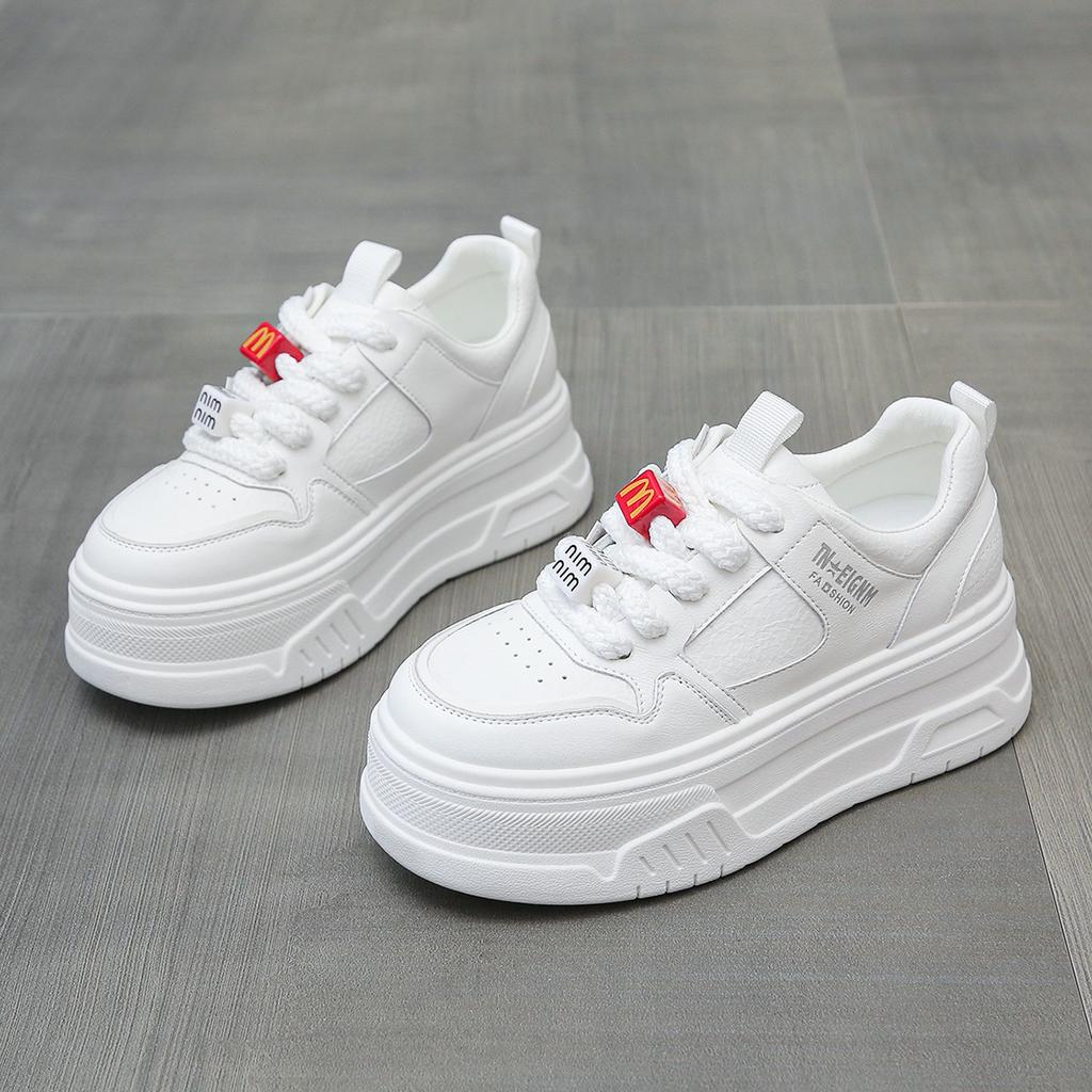 Platform white shoes women's 2025 spring new round head lace-up versatile height-increasing sports and leisure board shoes