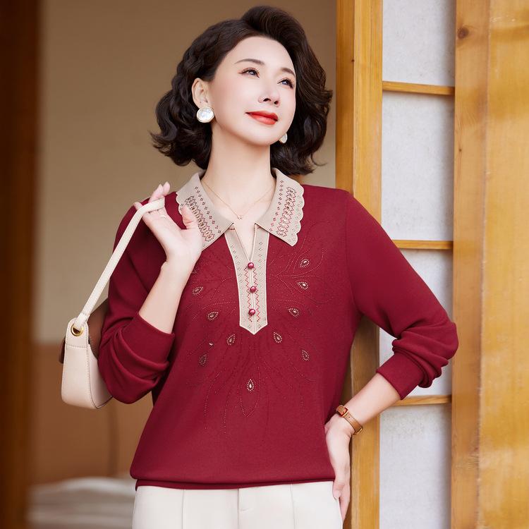Spring Fashion Foreign Style Long-sleeved T-shirt New Middle-aged and Elderly Women's Spring and Autumn Knitting